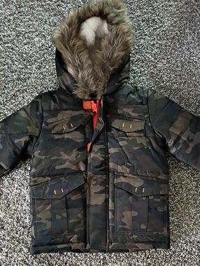 Rothschild Boys Camo Puffer Jacket with Faux Fur Hood and Orange Accents
